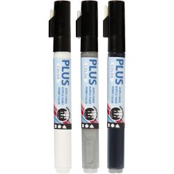 Plus Color -tussi, Pit. 14,5 cm, paksuus 1-2 mm, musta, luonnonvalkonen, sateenharmaa, 5,5 ml, 3 kpl/ 1 pkt