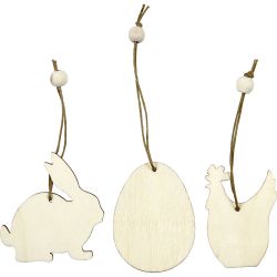 Puukoristeet, pupu, muna, kana, koko 6 cm, paksuus 3 mm, 9 kpl/ 1 pkt