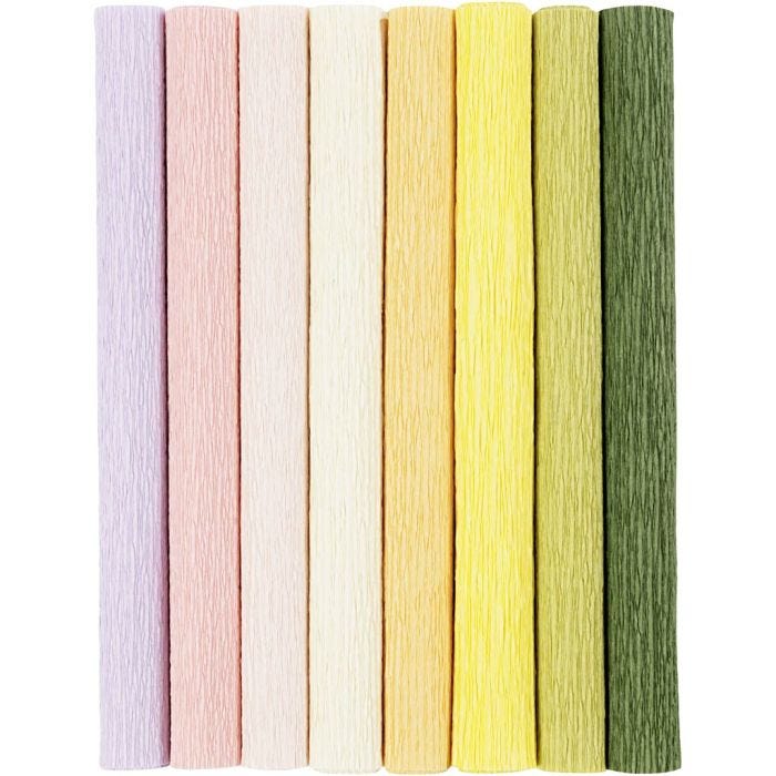 Kreppipaperi, arkki 25x60 cm, Jonka joustavuus: 180%, 105 g, pastellivärit, 8 ark/ 1 pkt