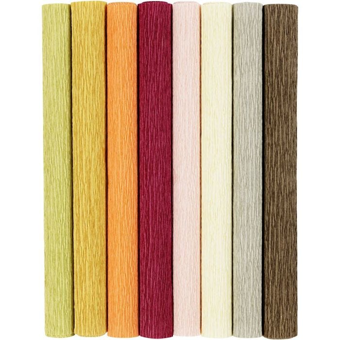 Kreppipaperi, arkki 25x60 cm, Jonka joustavuus: 180%, 105 g, murretut värit, 8 ark/ 1 pkt