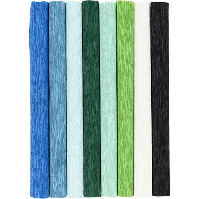 Kreppipaperi, arkki 25x60 cm, Jonka joustavuus: 180%, 105 g, vihreä/sinisävyt, 8 ark/ 1 pkt
