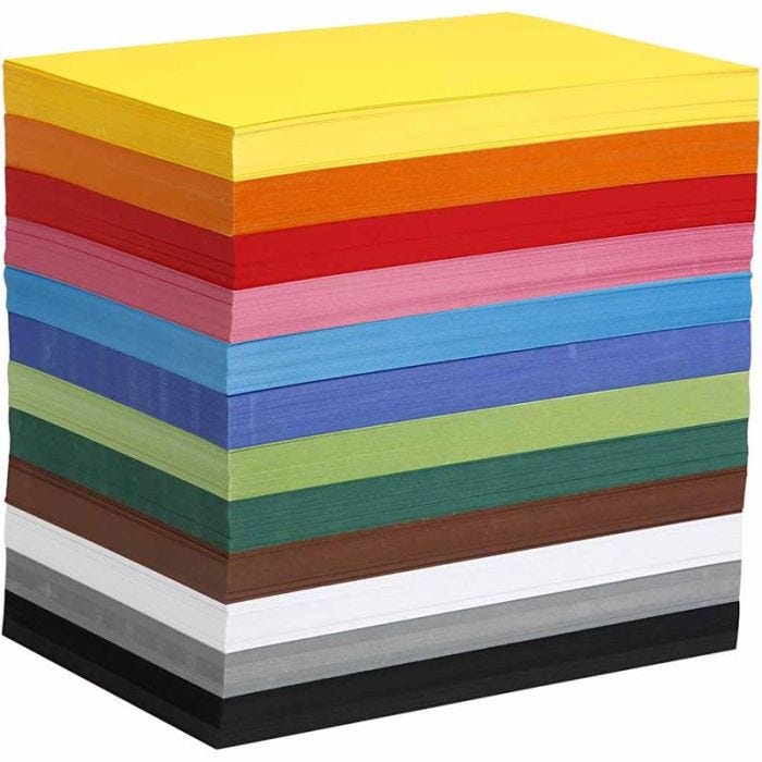 Värillinen kartonki, A4, arkki 210x297 mm, 180 g, värilajitelma, 1200 laj/ 1 pkt