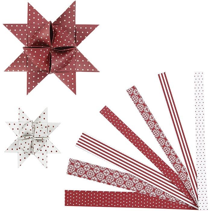 Paperitähtisuikaleet, Pit. 44+78 cm, halk. 6,5+11,5 cm, Lev: 15+25 mm, punainen, valkoinen, 60 suikaleet/ 1 pkk