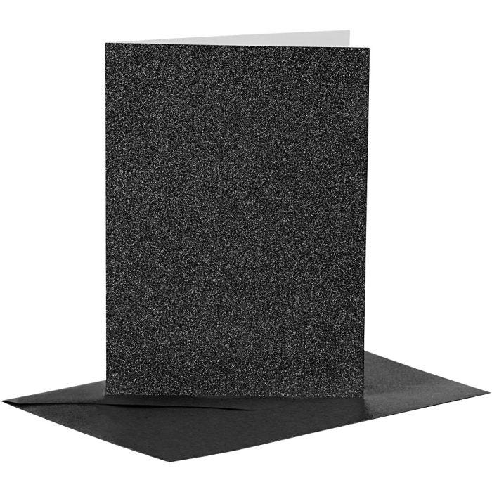Korttipohja &amp; kirjekuori, kortin koko 10,5x15 cm, kirjekuoren koko 11,5x16,5 cm, kimalle, 110+250 g, musta, 4set/ 1 pkt