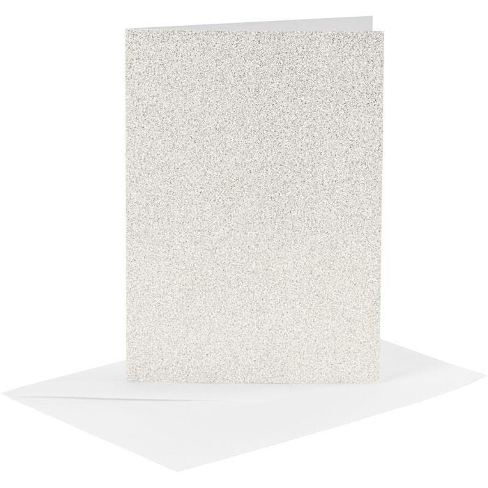 Korttipohja &amp; kirjekuori, kortin koko 10,5x15 cm, kirjekuoren koko 11,5x16,5 cm, kimalle, 120+250 g, valkoinen, 4 set/ 1 pkt