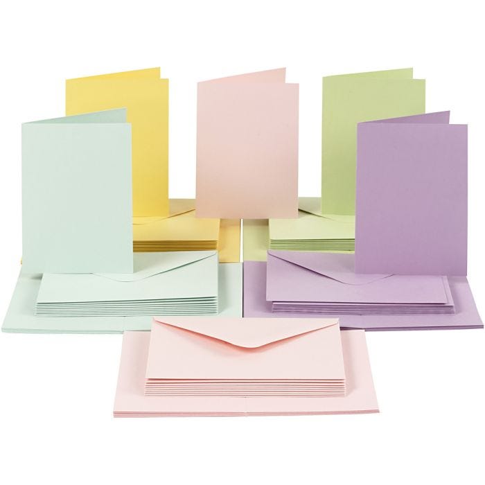 Korttipohja-/kirjekuoripakkaus, kortin koko 10,5x15 cm, kirjekuoren koko 11,5x16,5 cm, 110+220 g, pastellivärit, 50 set/ 1 pkt