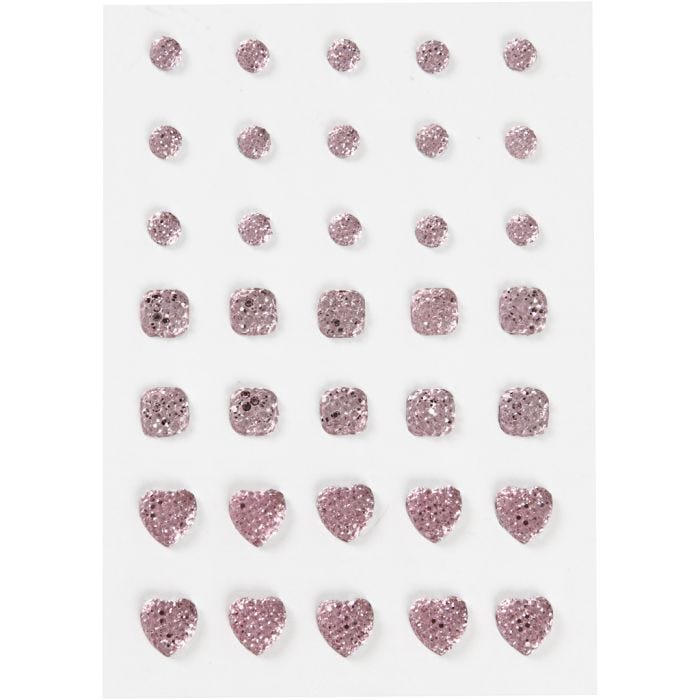 Akryylitimantit, pyöreä, neliö, sydän, koko 6+8+10 mm, rosa, 35 kpl/ 1 pkt