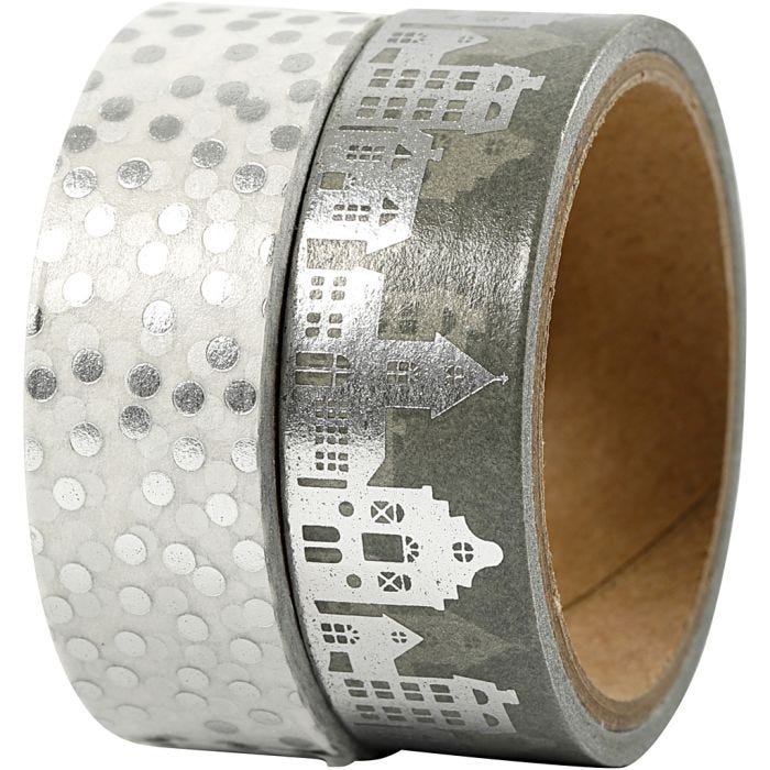 Washi-teippi, Talot ja pisteet - folio, Lev: 15 mm, hopea, 2x4m/ 1 pkt