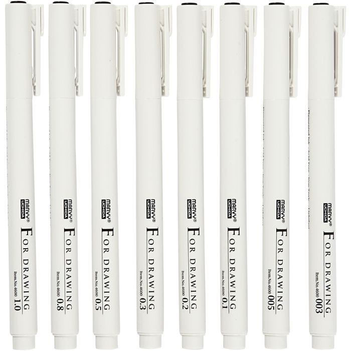 Fine Line piirustustussit, paksuus 0,03+0,05+0,1+0,2+0,3+0,5+0,8+1,0 mm, musta, 8kpl/ 1 pkt
