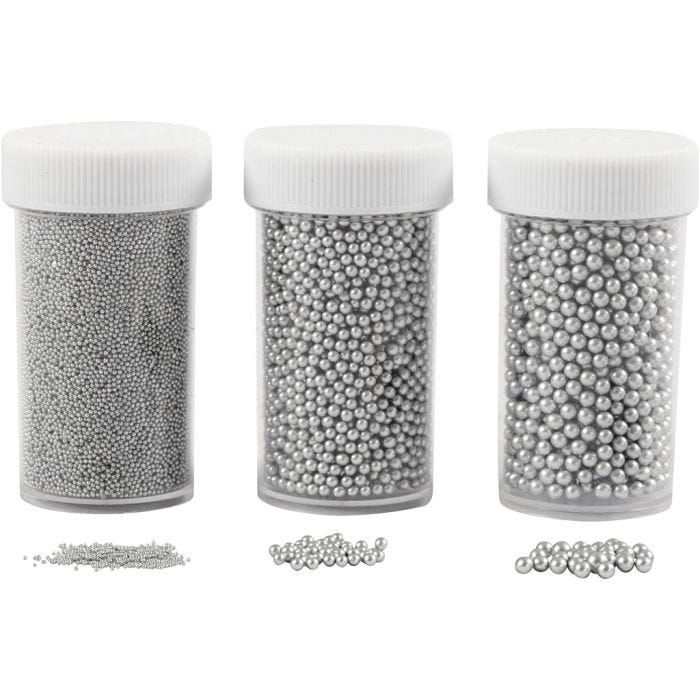 Mini Lasihelmilajitelma, koko 0,6-0,8+1,5-2+3 mm, hopea, 3x45 g/ 1 pkt