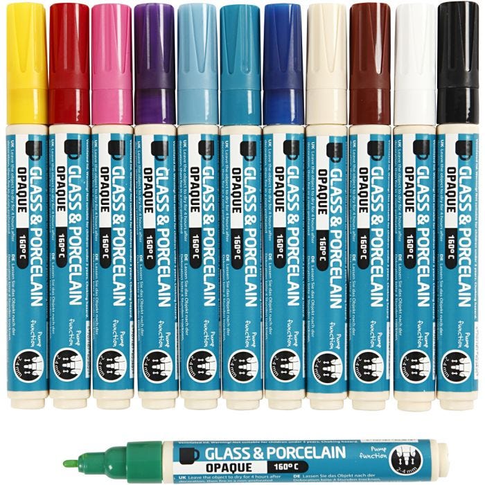 Lasi- ja posliinitussi, paksuus 2-4 mm, peittävä, värilajitelma, 12 kpl/ 1 pkt