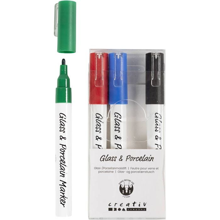 Lasi- ja posliinitussi, paksuus 1-2 mm, läpikuultavat, musta, sininen, vihreä, punainen, 4 kpl/ 1 pkt