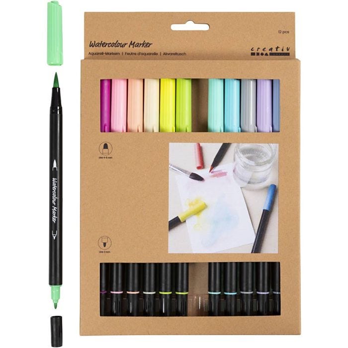 Vesiväritussit, Pastelli, paksuus 2+4-8 mm, värilajitelma, 12 kpl/ 1 pkt