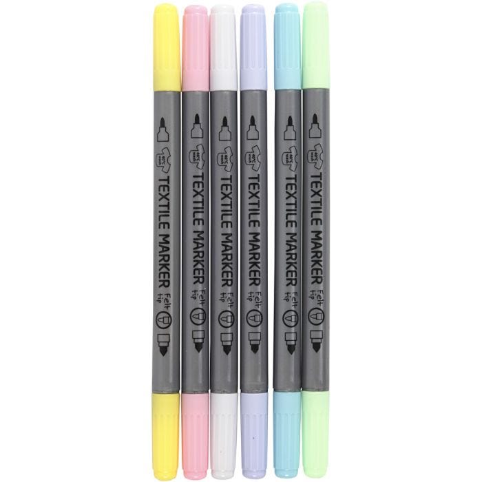 Tekstiilitussit, paksuus 2,3+3,6 mm, pastellivärit, 6 kpl/ 1 pkt