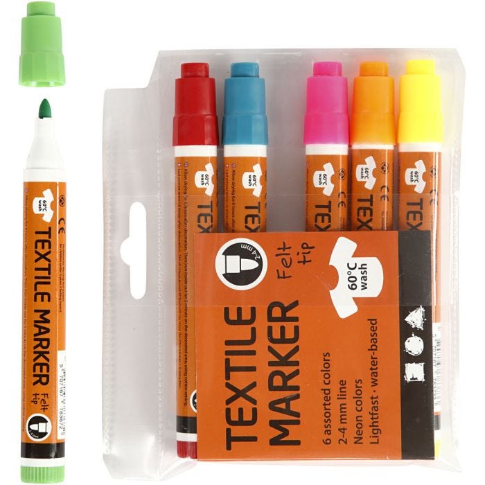 Tekstiilitussit, paksuus 2-4 mm, neonvärit, 6 kpl/ 1 pkt