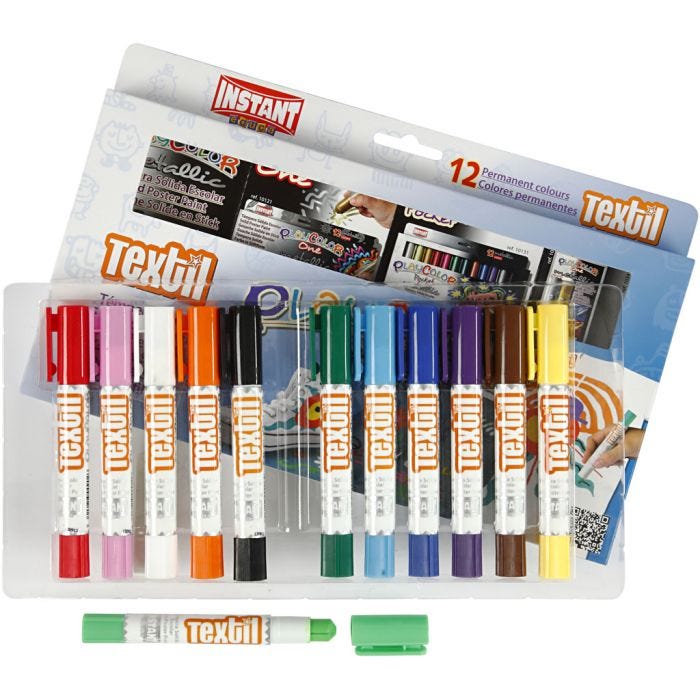 Playcolor tekstiiliväripuikko, Pit. 14 cm, värilajitelma, 5 g, 12 kpl/ 1 pkt