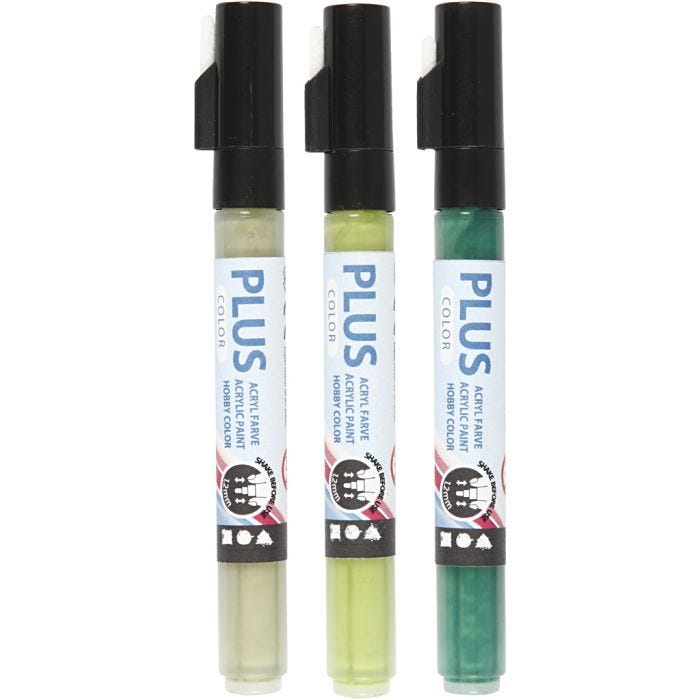Plus Color -tussi, Pit. 14,5 cm, paksuus 1-2 mm, tummanvihreä, eukalyptus, lehdenvihreä, 5,5 ml, 3 kpl/ 1 pkt