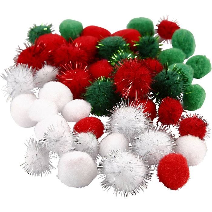 Pompomit, halk. 15+20 mm, vihreä, punainen, valkoinen, 48 laj/ 1 pkt