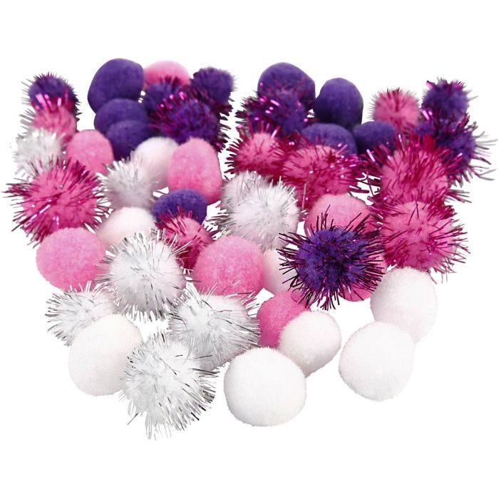 Pompomit, halk. 15+20 mm, violetti, vaaleanpunainen, valkoinen, 48 laj/ 1 pkt