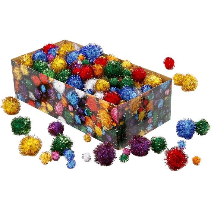 Pompomit, halk. 15-40 mm, kimalle, vahvat värit, 400 g/ 1 pkt