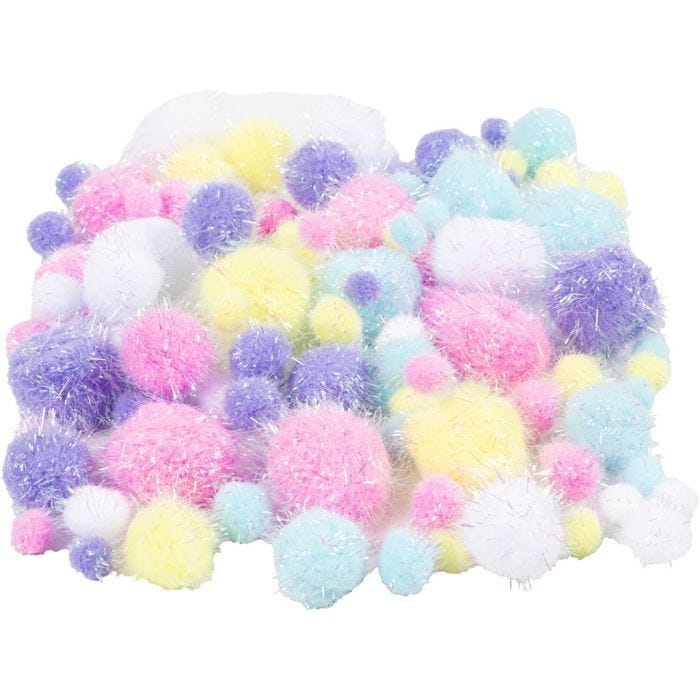 Pompomit, halk. 15-40 mm, kimalle, pastellivärit, 62 g/ 1 pkt