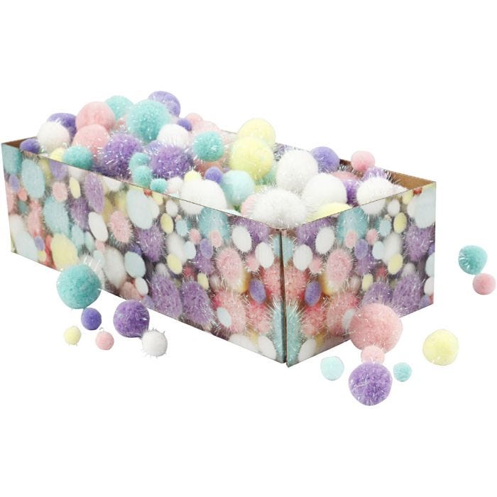 Pompomit, halk. 15-40 mm, kimalle, pastellivärit, 400 g/ 1 pkt