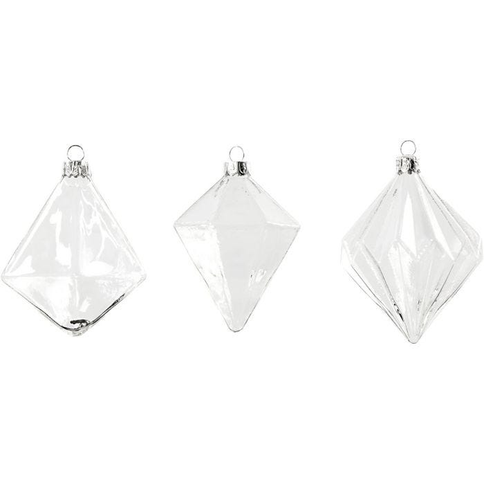 Lasikoristeet, Kork. 9,6+9,8+10,5 cm, halk. 7+7,9+8 cm, kuulto, 3 kpl/ 1 pkt
