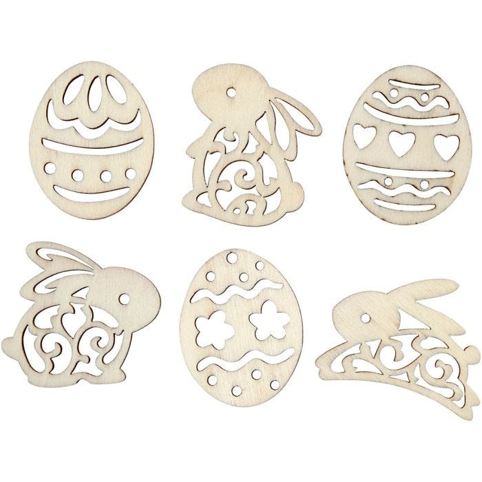 Puukuviot, pääsiäsmunat ja -puput, Kork. 40 mm, paksuus 3 mm, 24 kpl/ 1 pkt