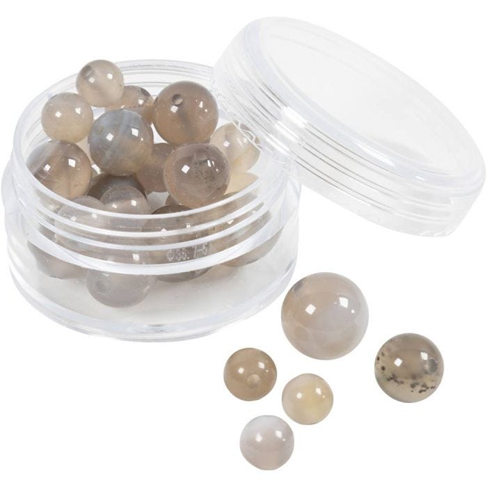 Akaattikivihelmet, koko 1x10, 12x8, 15x6 mm, aukon koko 0,9-1 mm, kuulto harmaa, 28 kpl/ 1 pkt