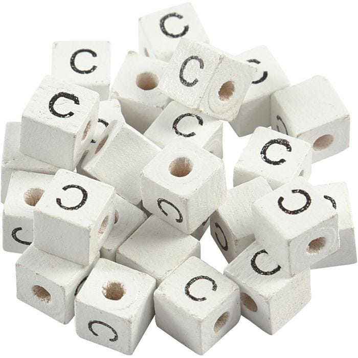 Kirjainhelmi, C, koko 8x8 mm, aukon koko 3 mm, valkoinen, 25 kpl/ 1 pkt