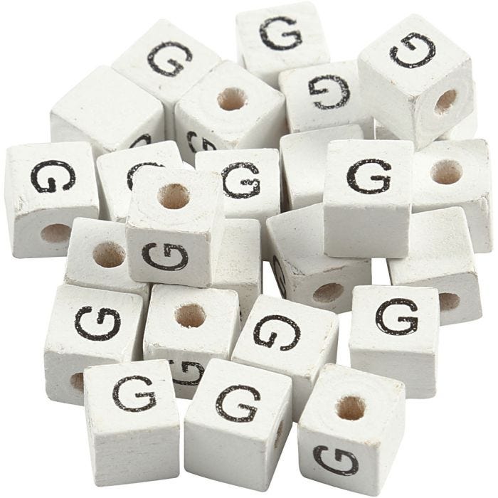 Kirjainhelmi, G, koko 8x8 mm, aukon koko 3 mm, valkoinen, 25 kpl/ 1 pkt
