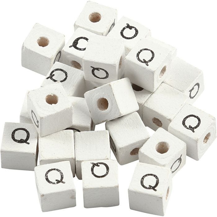 Kirjainhelmi, Q, koko 8x8 mm, aukon koko 3 mm, valkoinen, 25 kpl/ 1 pkt