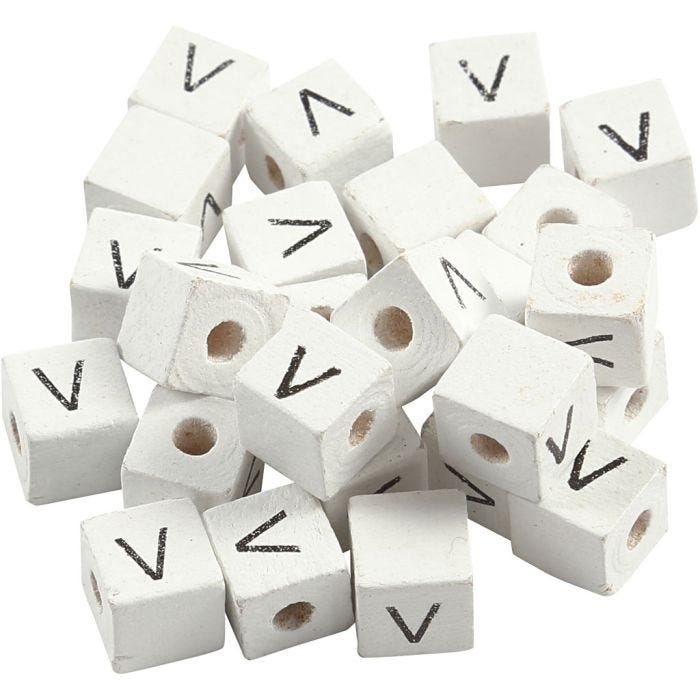 Kirjainhelmi, V, 8x8 mm, 3 mm, valkoinen, 25kpl/ 1 pkt