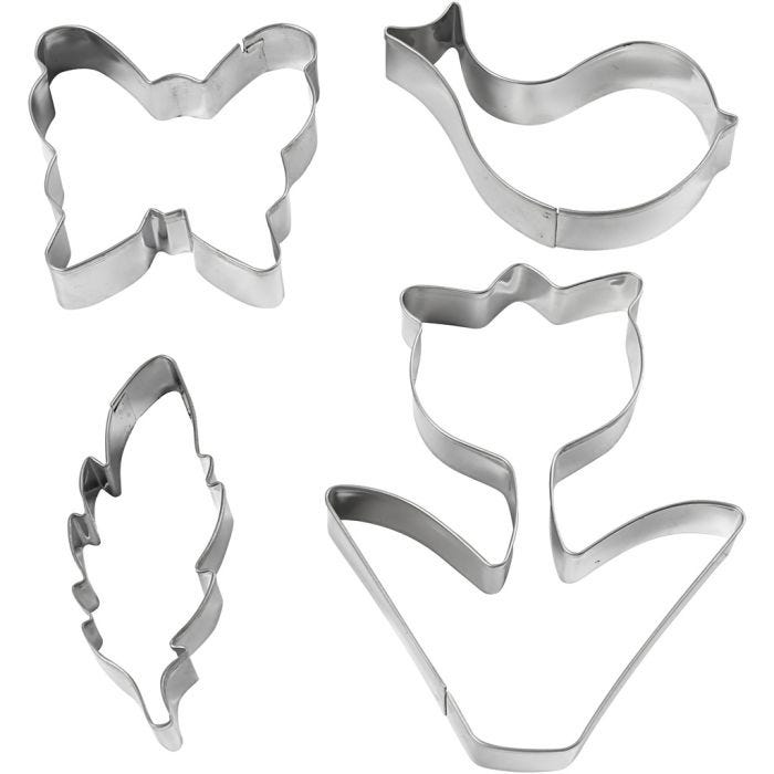 Metallimuotit, kukka, lintu, perhonen, sulka , Kork. 11 cm, 4 kpl/ 1 pkt