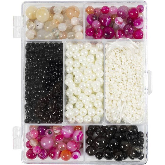 Askartelupaketti Korut, Akaatit, koko 2,6-10 mm, aukon koko 0,8-1,8 mm, beige, musta, pinkki, helmiäisvalk., 1 pkk/ 1 pkt